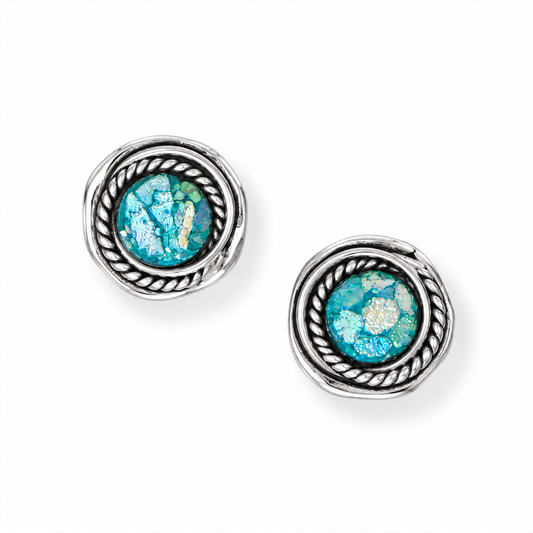 Roman Glass Rope Edge Stud Earrings 925 Sterling Silver 7.2mm w/ Certificate