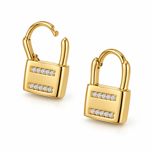 CZ Lock Huggie Earrings 14K Gold Plated 925 Sterling Silver 15.7x10mm