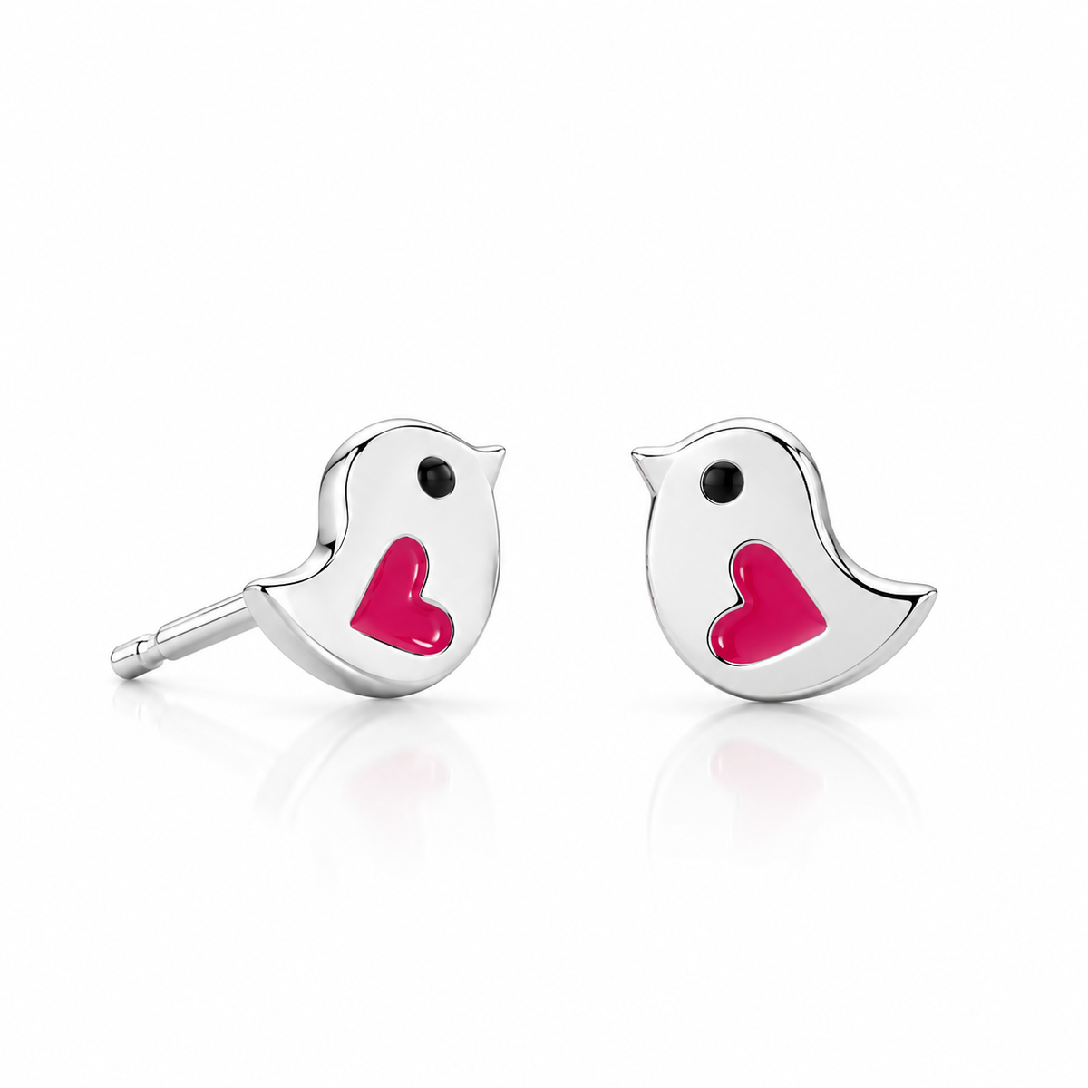 Pink Enamel Heart Wing Bird Stud Earrings 925 Sterling Silver 7mm