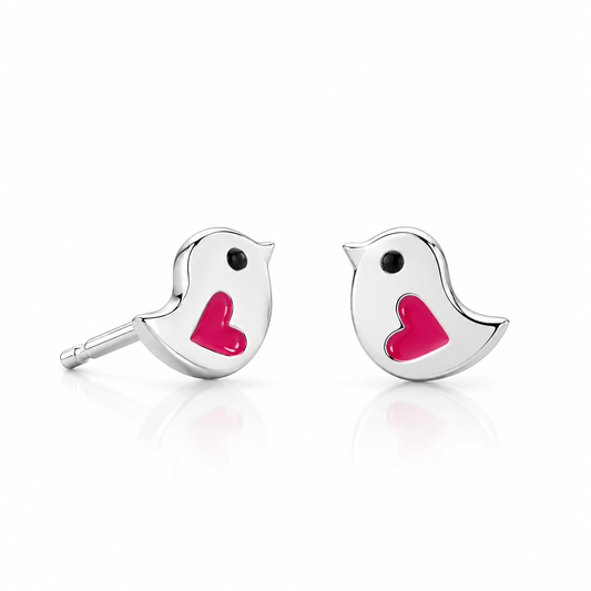 Pink Enamel Heart Wing Bird Stud Earrings 925 Sterling Silver 7mm
