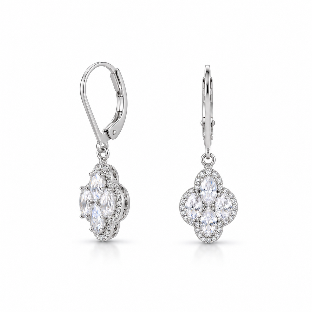 Four Oval CZ Halo Clover Drop Earrings Rhodium Plated 925 Sterling Silver 30.5mm