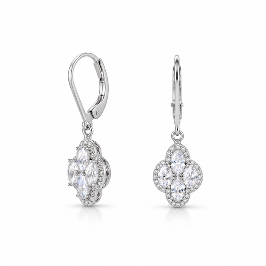 Four Oval CZ Halo Clover Drop Earrings Rhodium Plated 925 Sterling Silver 30.5mm