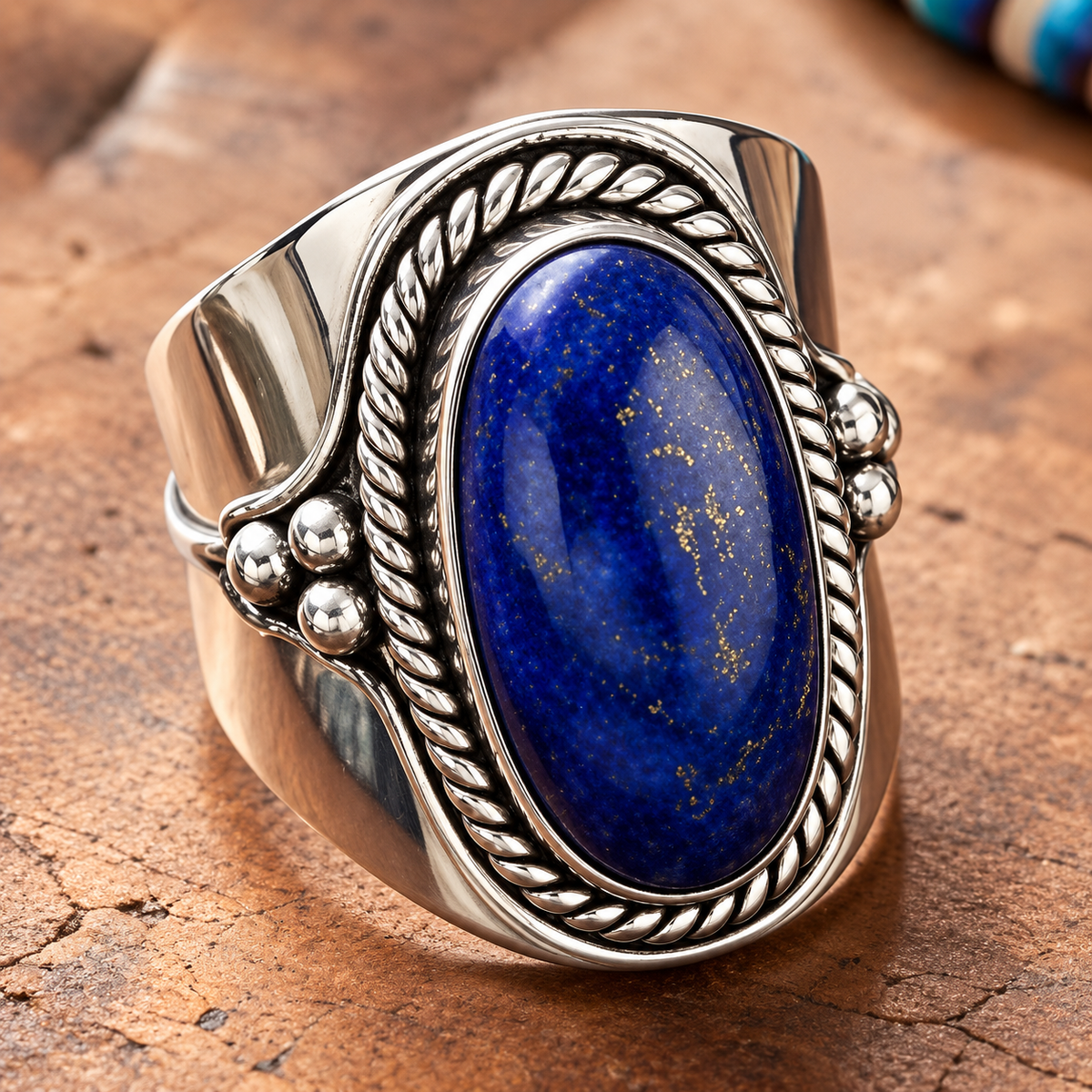 Oxidized Oval Lapis Lazuli Ring 925 Silver Rope Bead Design 20.5x10mm Sizes 6-9
