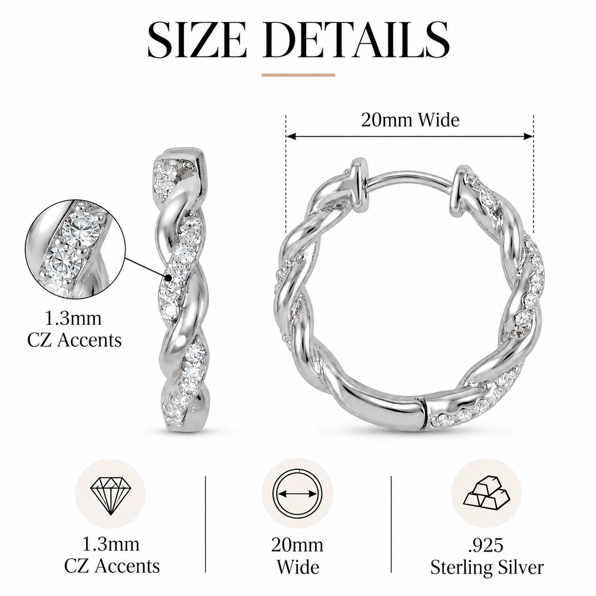 CZ Full Twist Hoop Earrings Rhodium Plated 925 Sterling Silver 20mm