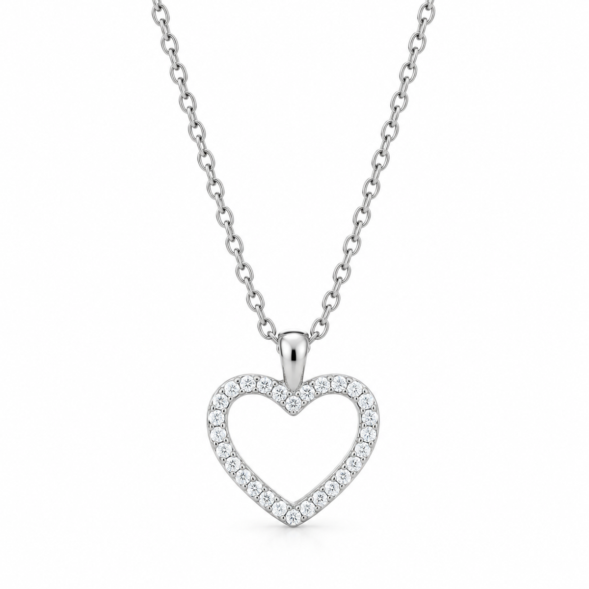 CZ Outline Heart Necklace Rhodium 925 Sterling Silver 12x13.5mm Open Frame 16+2in