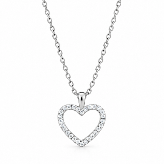 CZ Outline Heart Necklace Rhodium 925 Sterling Silver 12x13.5mm Open Frame 16+2in