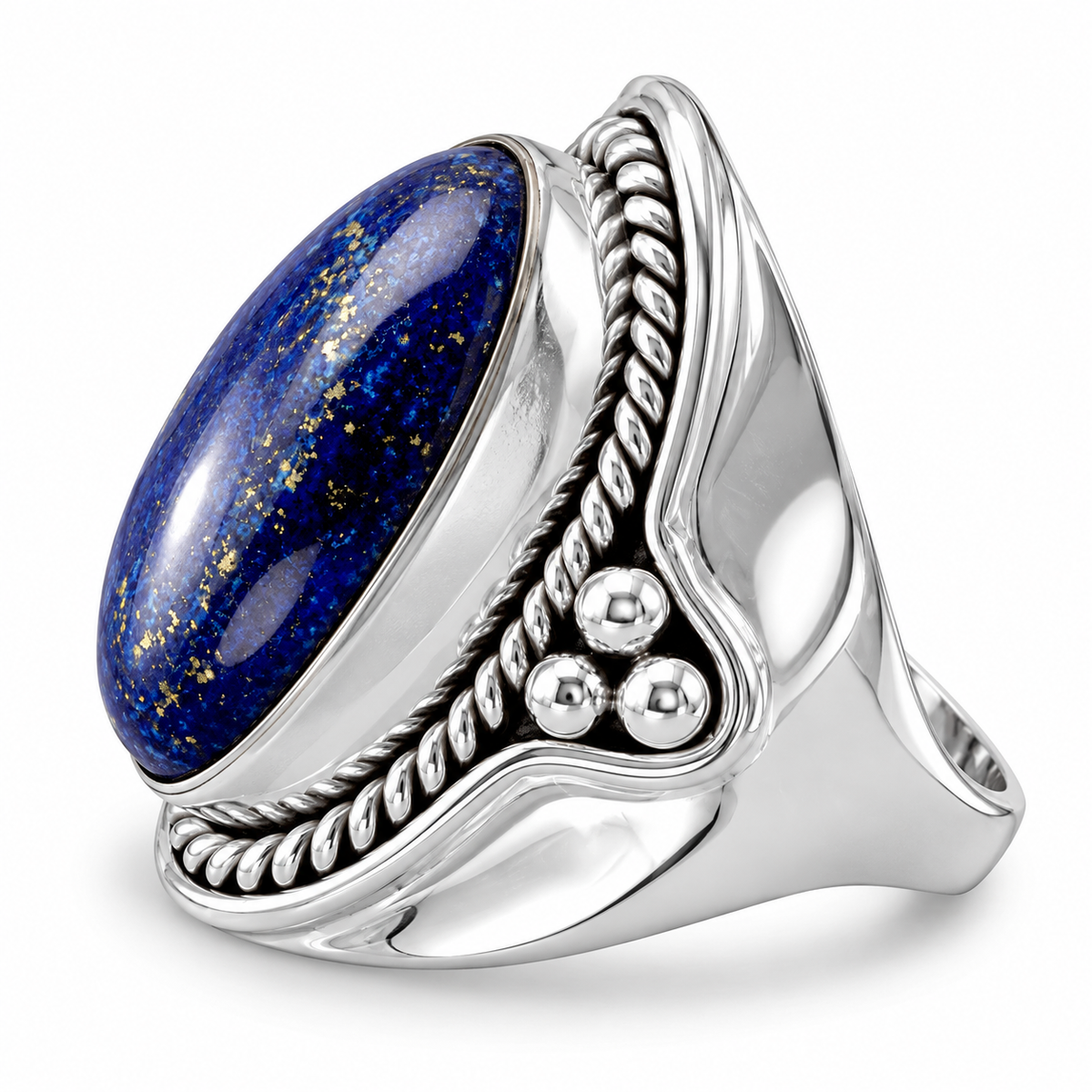 Oxidized Oval Lapis Lazuli Ring 925 Silver Rope Bead Design 20.5x10mm Sizes 6-9
