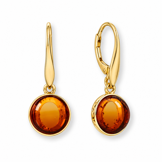 Baltic Amber Sunrise Effect Earrings 14K Gold Plated 925 Sterling Silver 10mm