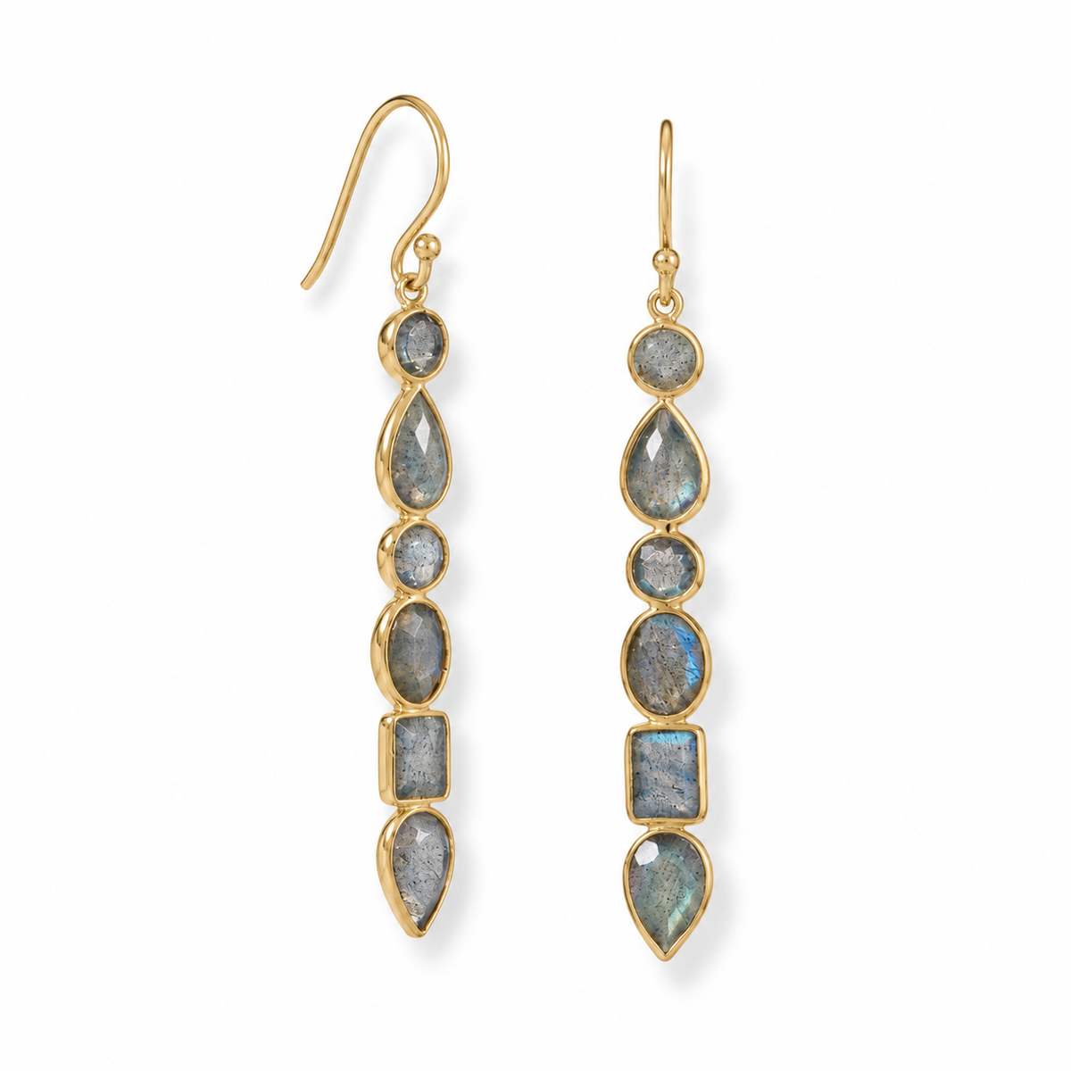 Multi-Shape Labradorite Cascade Earrings 14K Gold Plated 925 Sterling Silver 64mm