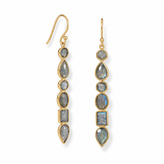 Multi-Shape Labradorite Cascade Earrings 14K Gold Plated 925 Sterling Silver 64mm