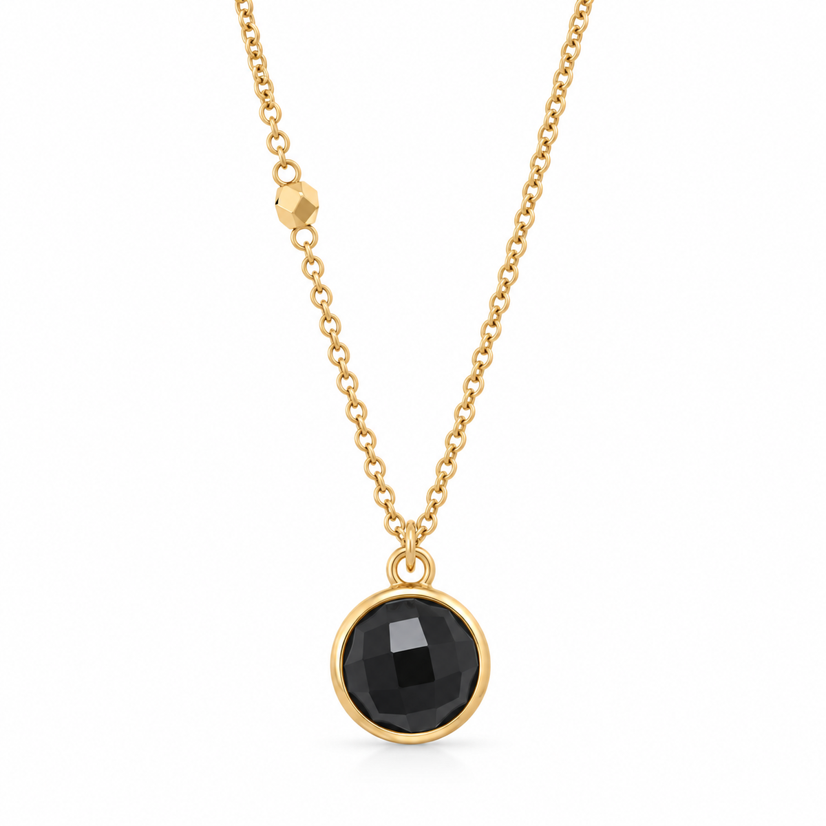 Faceted Black Onyx Necklace 14K Gold Plated 925 Silver 9.5mm Bead Chain 16+2in