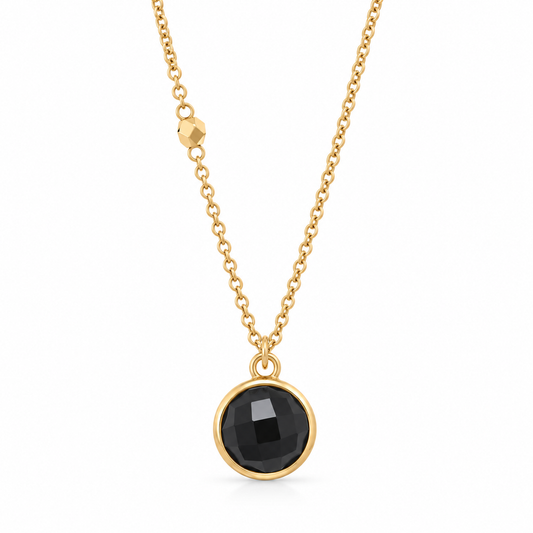 Faceted Black Onyx Necklace 14K Gold Plated 925 Silver 9.5mm Bead Chain 16+2in