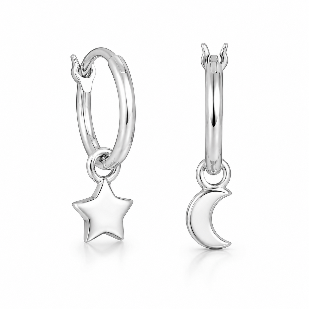 Mismatch Moon Star Charm Hoop Earrings Rhodium Plated 925 Sterling Silver 11mm