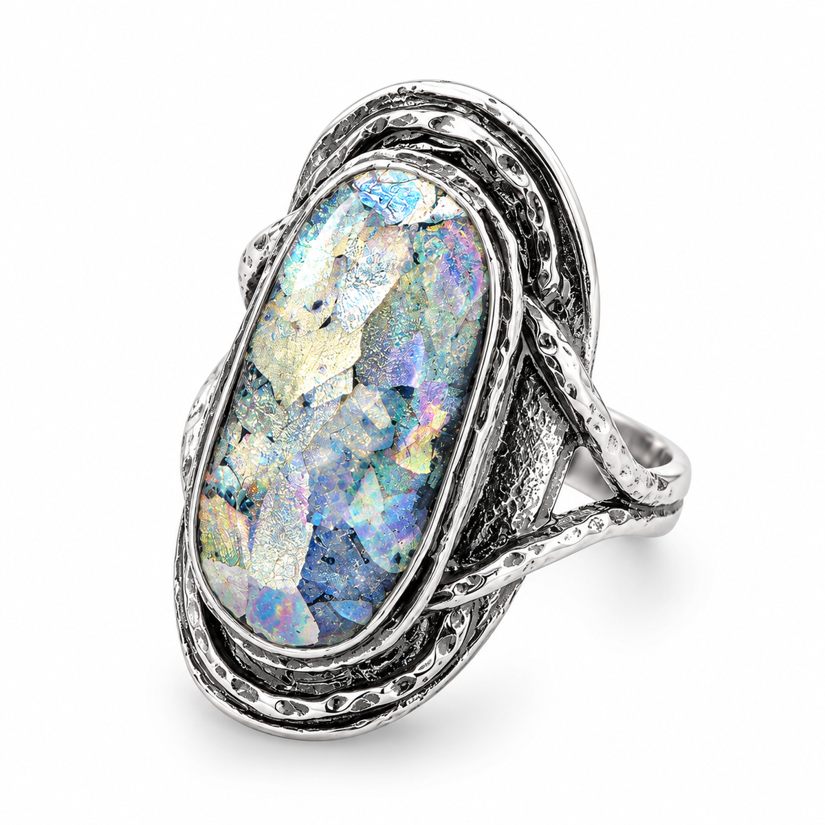 Oxidized Oval Roman Glass Ring 925 Silver 10.5x21mm 2.5mm w/ Certificate
