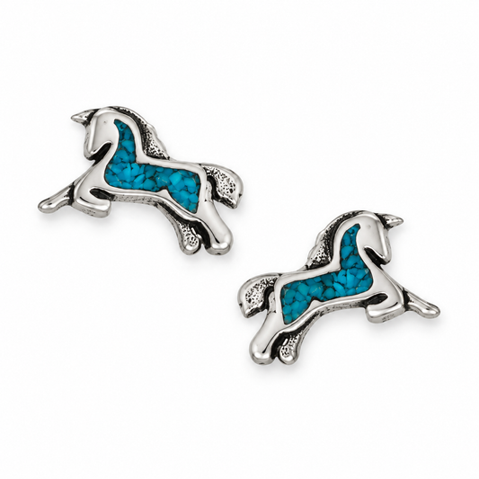 Oxidized Turquoise Chip Inlay Prancing Unicorn Stud Earrings 925 Silver 11.7mm