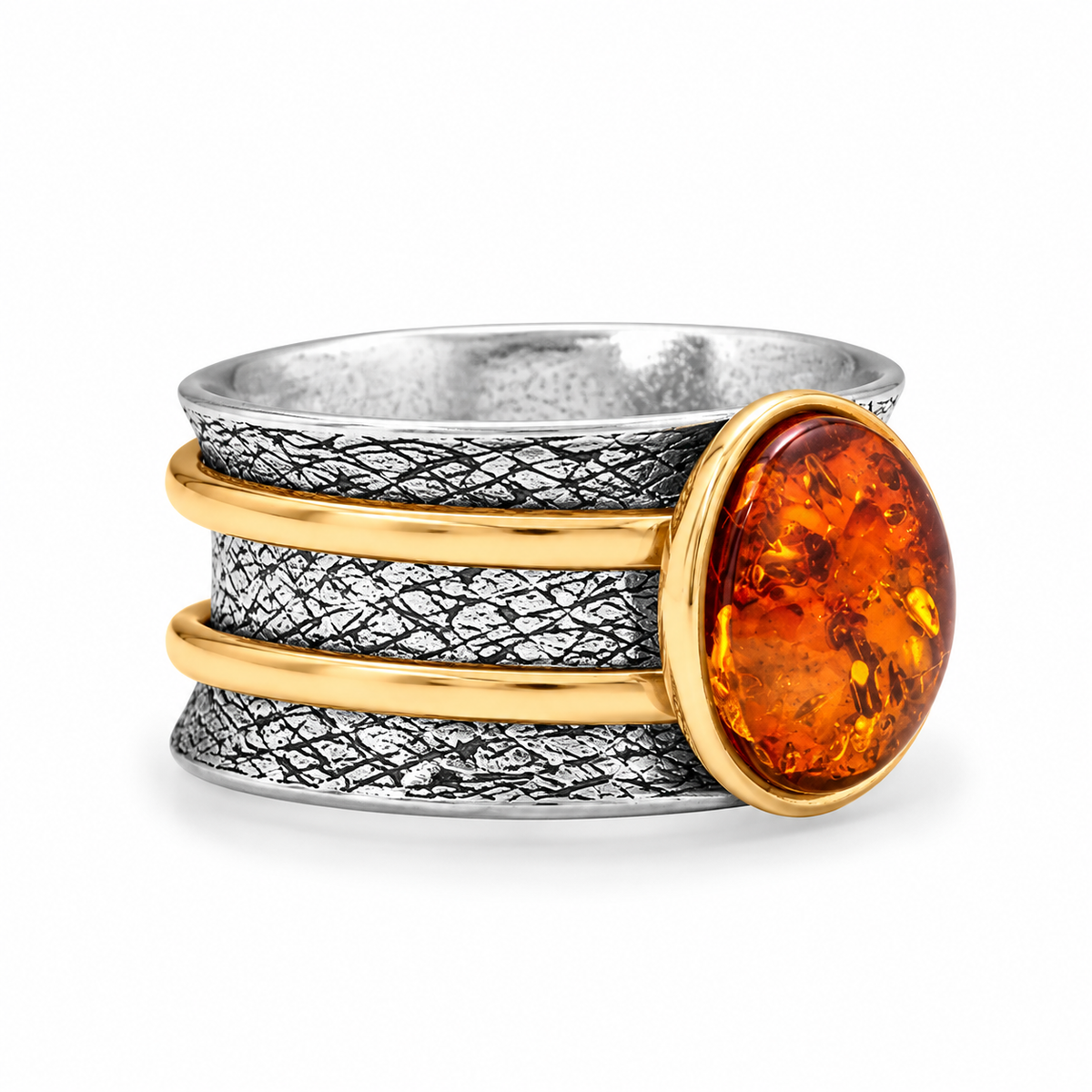 Baltic Amber Spinner Ring Oxidized 925 Silver 14K Gold Plated 11.3mm Poland Sizes 6-9