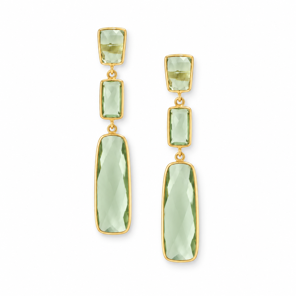 Prasiolite Rectangle Drop Earrings 14K Gold Plated 925 Sterling Silver 65mm