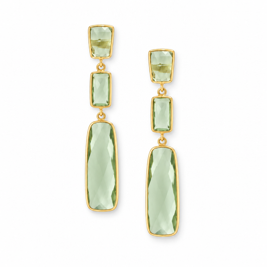 Prasiolite Rectangle Drop Earrings 14K Gold Plated 925 Sterling Silver 65mm