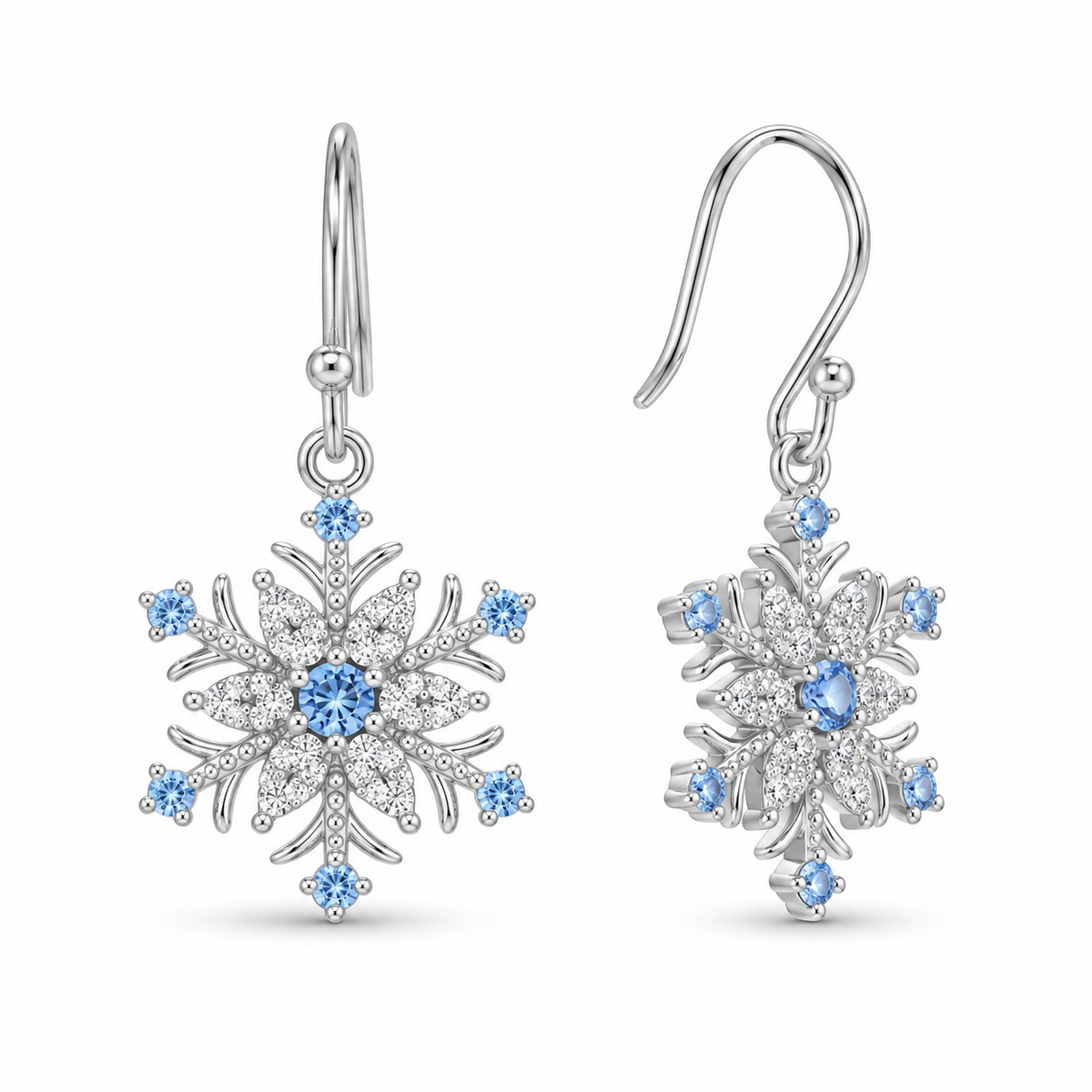 CZ Snowflake French Wire Earrings Rhodium Plated 925 Sterling Silver 31.6mm