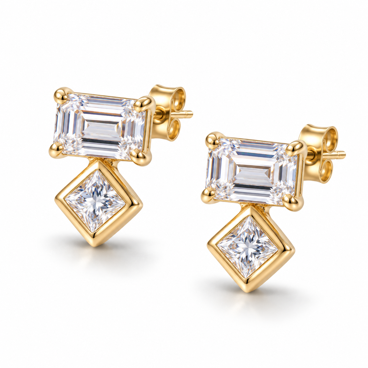 Baguette Square CZ Stud Earrings 14K Gold Plated 925 Sterling Silver 4x6mm