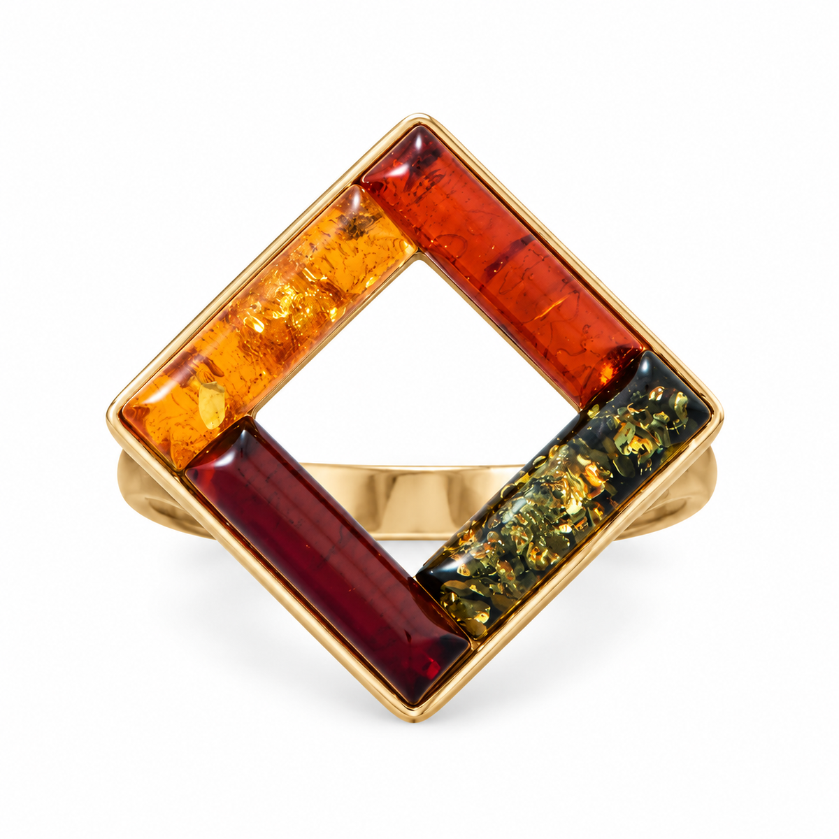 24K Gold Plated Square Multicolor Baltic Amber Ring 15mm Poland 2mm Sizes 6-10