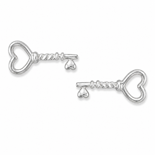 Heart Key Stud Earrings Rhodium Plated 925 Sterling Silver 14.3mm