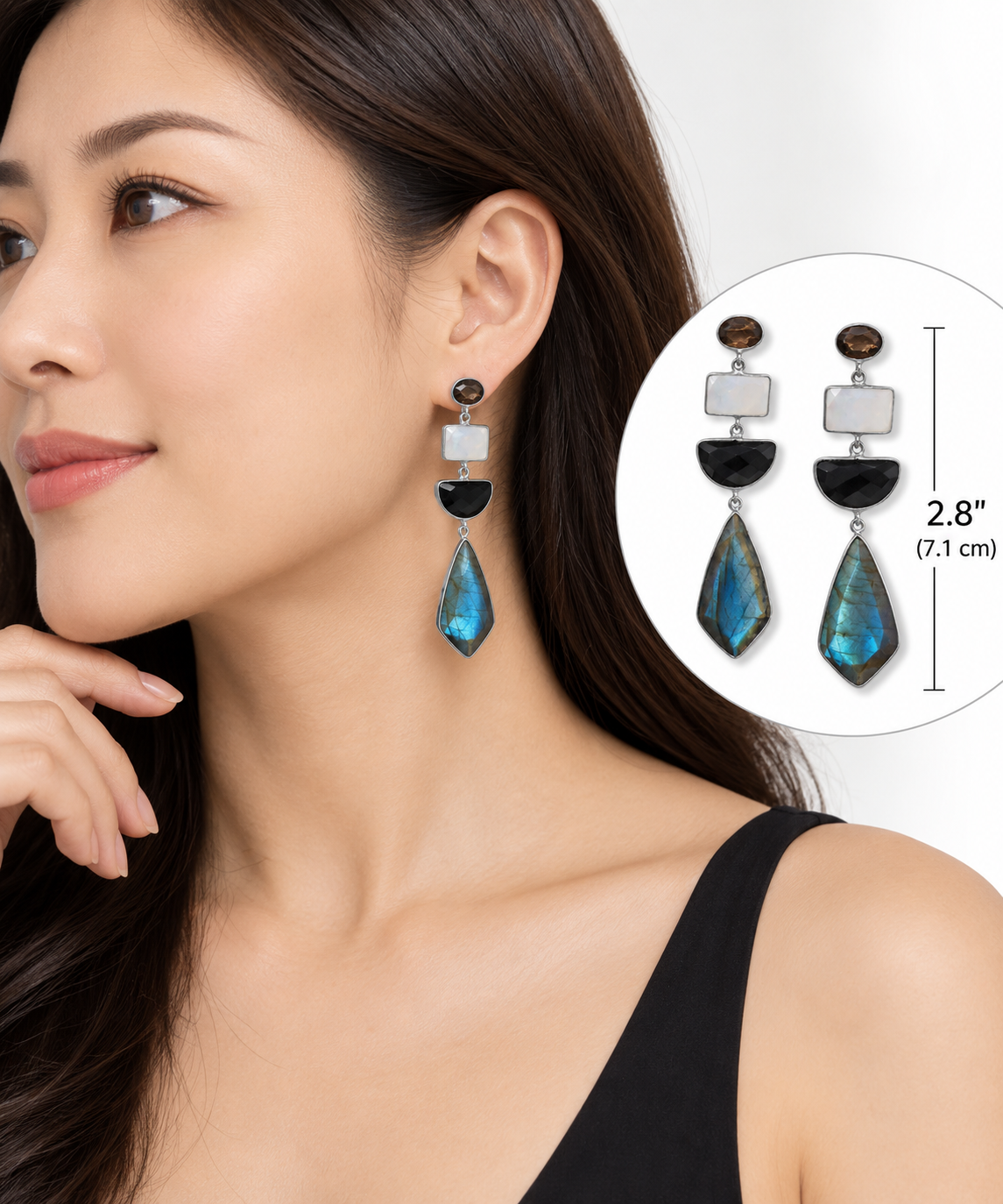 Multistone Geometric Drop Earrings Rhodium Plated 925 Sterling Silver 2.8 Inch