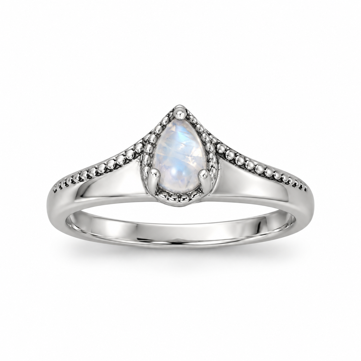 Oxidized Pear Rainbow Moonstone Bead Edge Ring 925 Silver 6x4mm Sizes 5-9