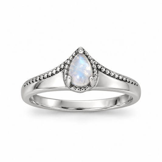 Oxidized Pear Rainbow Moonstone Bead Edge Ring 925 Silver 6x4mm Sizes 5-9