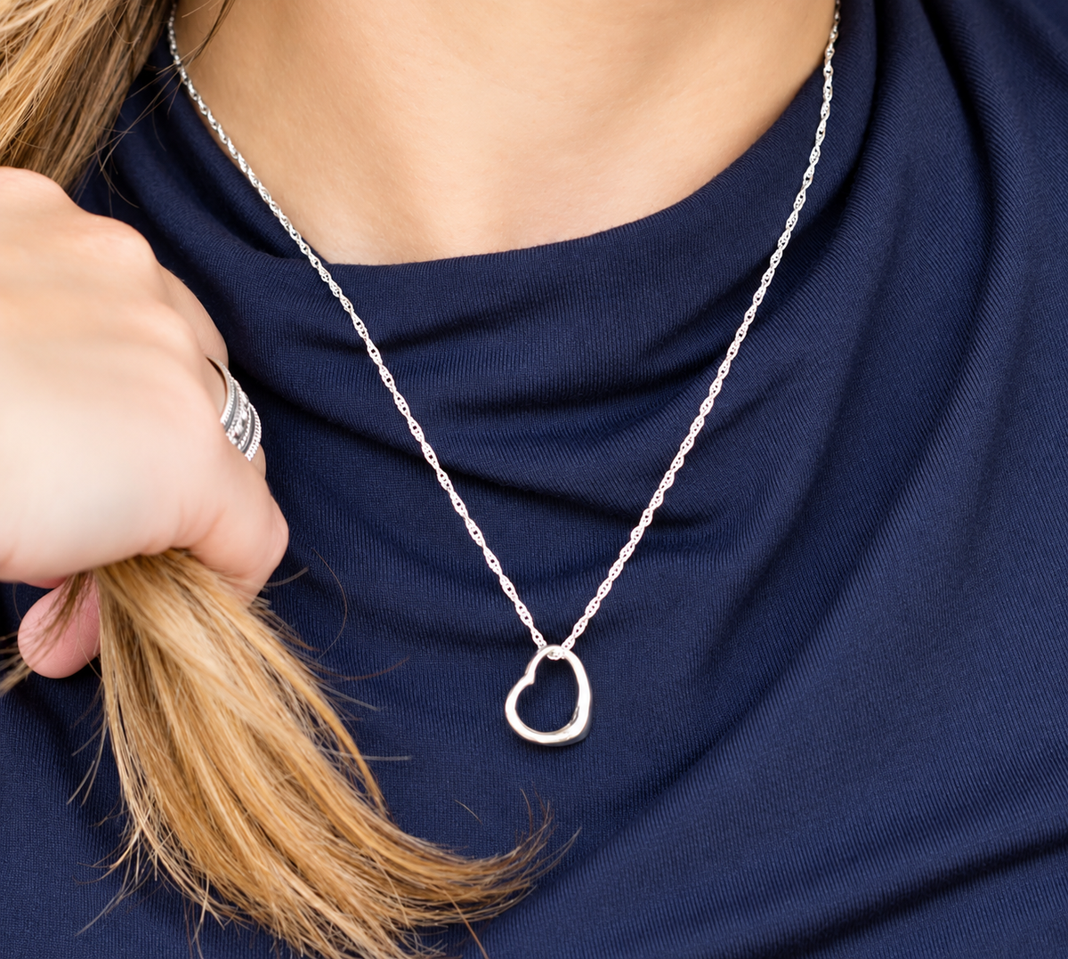 Floating Heart Pendant Necklace 925 Sterling Silver 15mm Rope Chain 18in