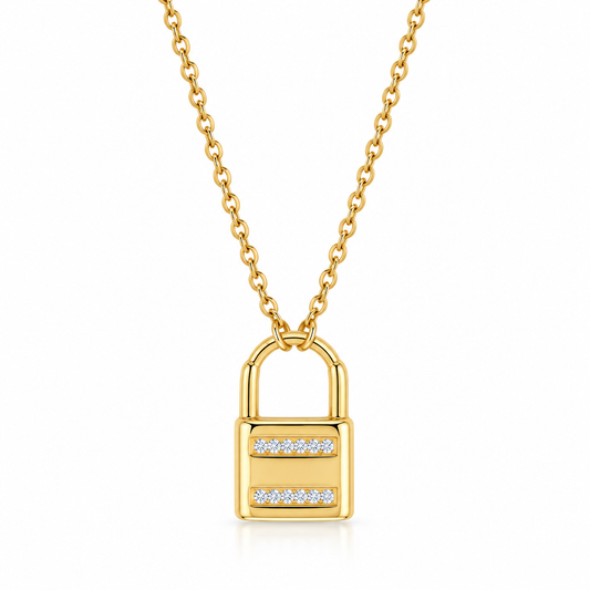 CZ Lock Necklace 14K Gold Plated 925 Sterling Silver Double-Sided Padlock 16+2in