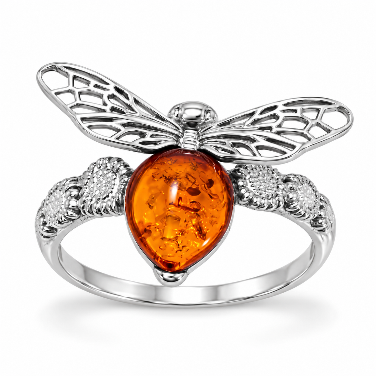 Baltic Amber Honey Bee Flower Ring 925 Sterling Silver 9x7.5mm Poland Sizes 6-9