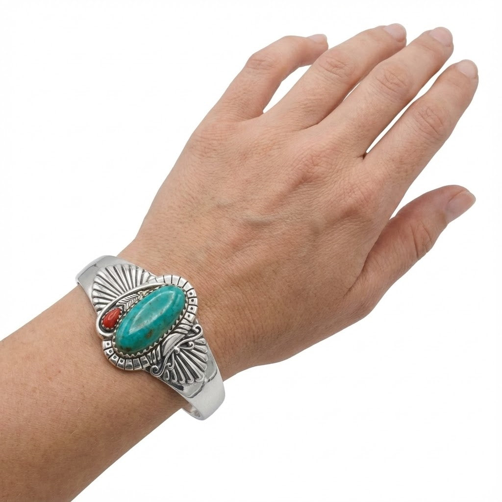 Turquoise and Coral Cuff Bracelet - Sterling Silver Southwest Style Fan Design