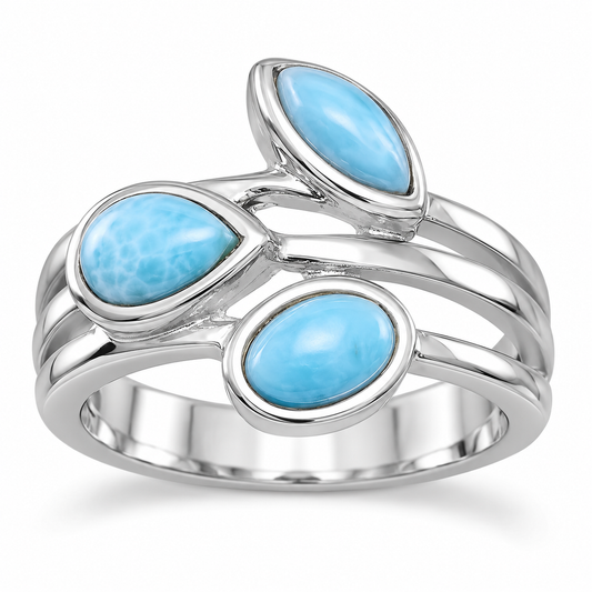 Multishape Larimar Ring 925 Sterling Silver Marquise Pear Oval Three Stone