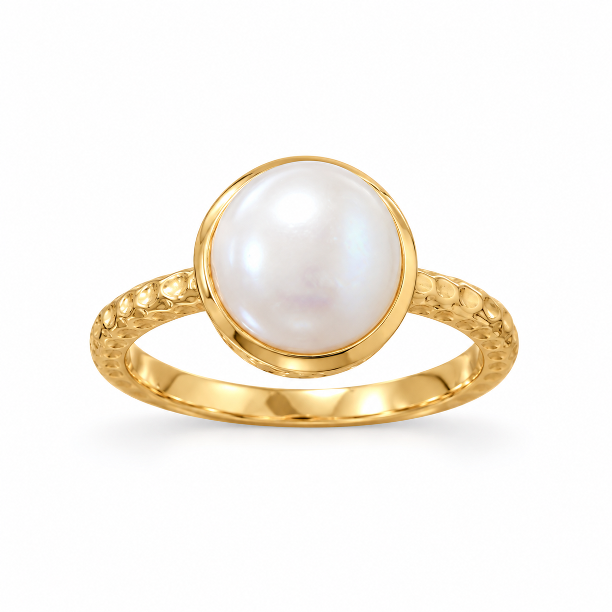 14K Gold Plated Textured Cultured Freshwater Pearl Ring 925 Silver 9.5-10mm 1.9mm Sizes 6-10