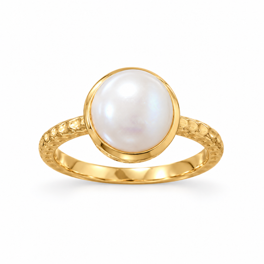 14K Gold Plated Textured Cultured Freshwater Pearl Ring 925 Silver 9.5-10mm 1.9mm Sizes 6-10