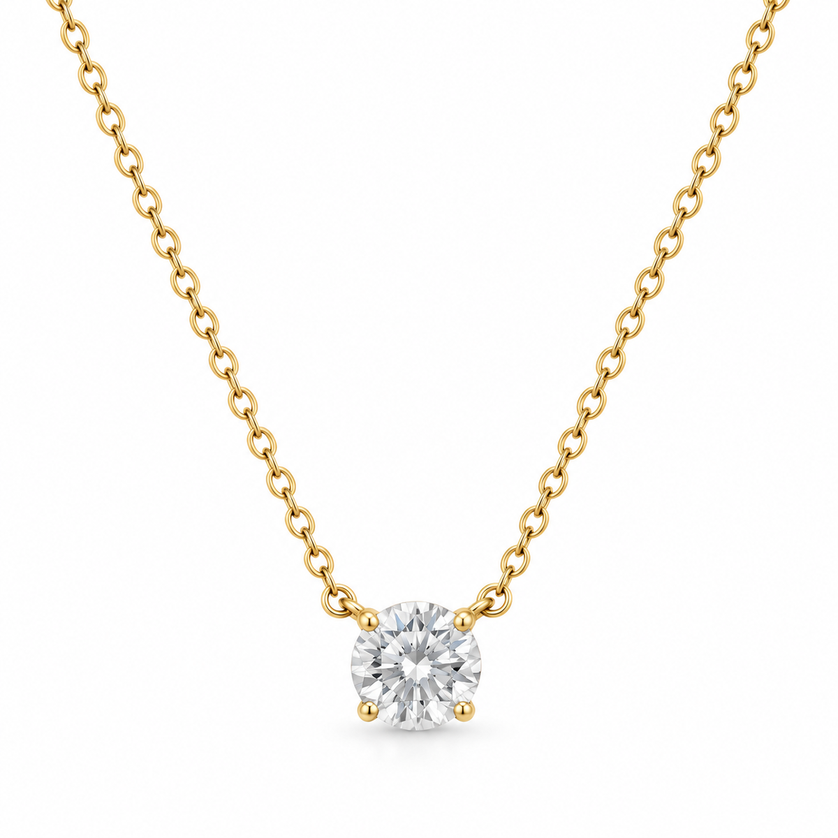 CZ Solitaire Necklace 14K Gold Plated 925 Sterling Silver 5mm Single Stone 15+2in