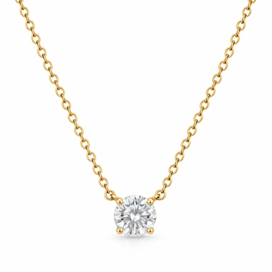 CZ Solitaire Necklace 14K Gold Plated 925 Sterling Silver 5mm Single Stone 15+2in
