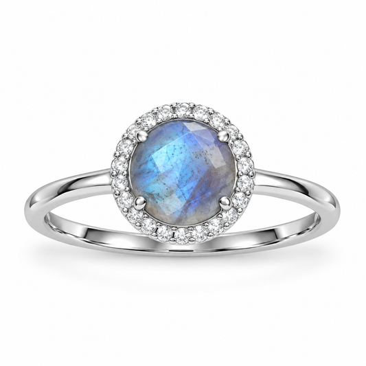 Labradorite CZ Halo Ring Rhodium Plated 925 Sterling Silver 7mm 1.1mm CZ Sizes 6-9