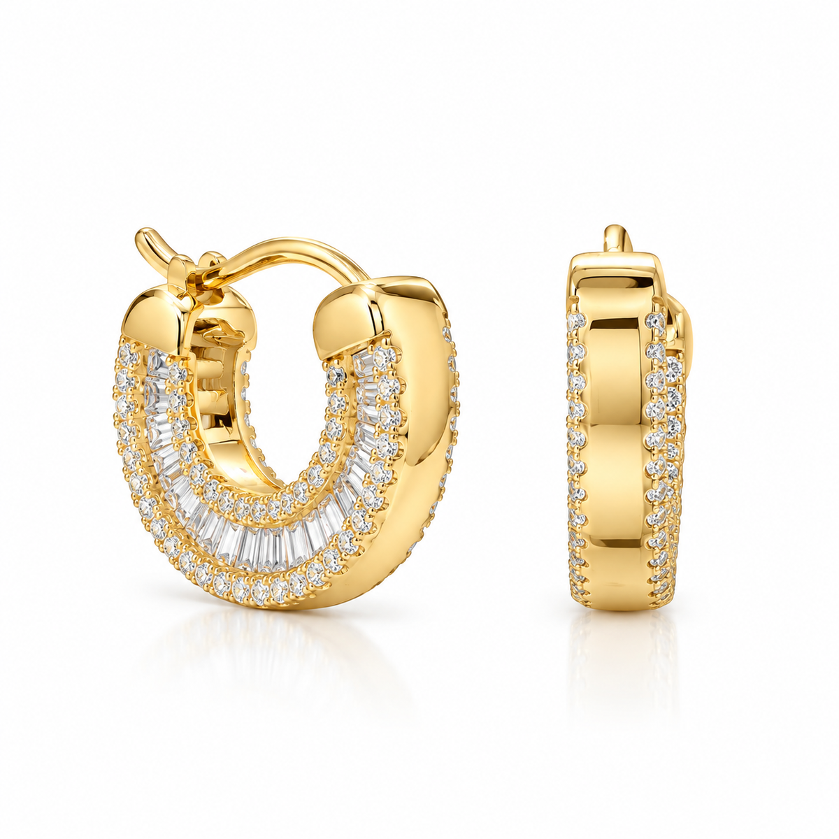 Baguette CZ Huggie Hoop Earrings 14K Gold Plated 925 Sterling Silver 236 CZs