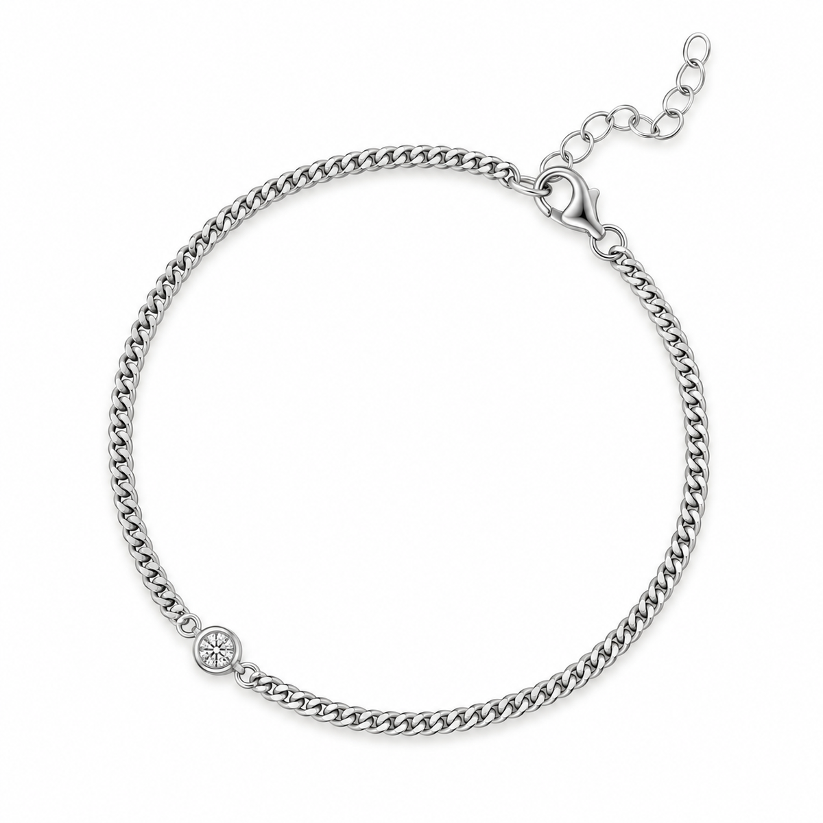 Bezel CZ Curb Chain Bracelet Rhodium Plated 925 Silver 3.5mm Lobster 6.5+1