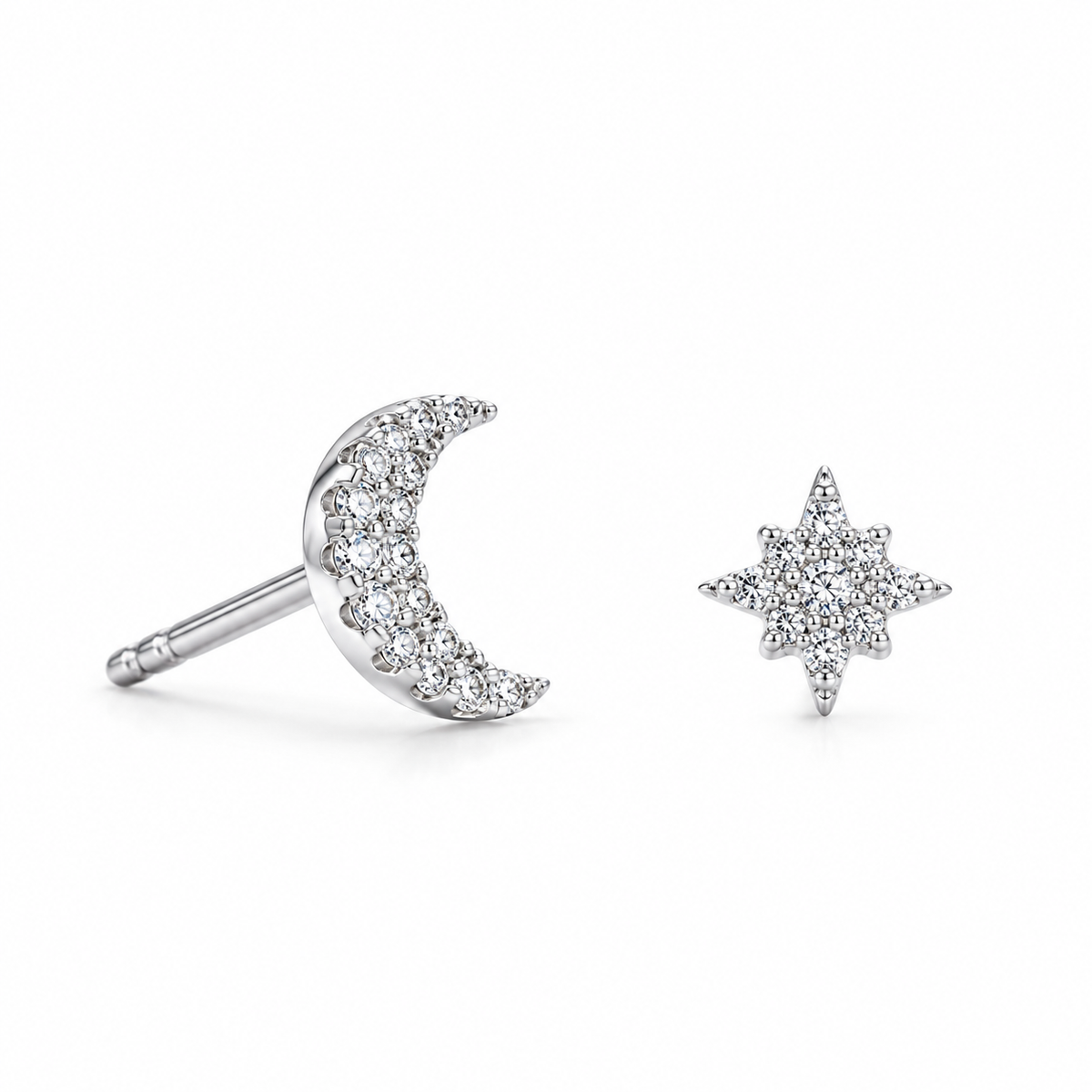 CZ Moon & Star Mismatched Stud Earrings Rhodium Plated 925 Sterling Silver