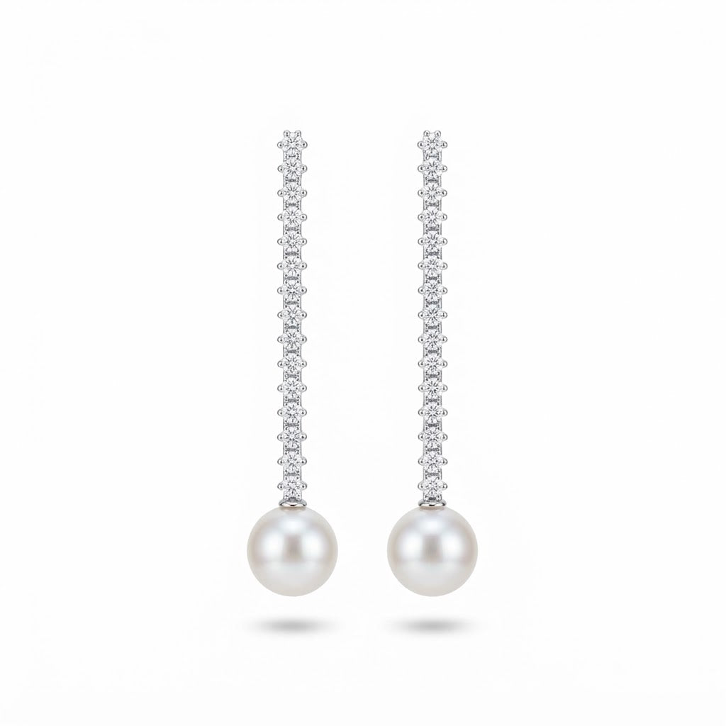 CZ Vertical Pave & Simulated Pearl Drop Earrings Rhodium Plated 925 Silver 65.5mm