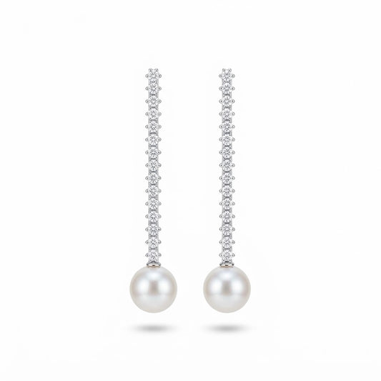 CZ Vertical Pave & Simulated Pearl Drop Earrings Rhodium Plated 925 Silver 65.5mm