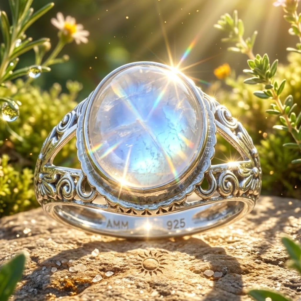 Silver ring with a rainbow moonstone on a stone surface with greenery