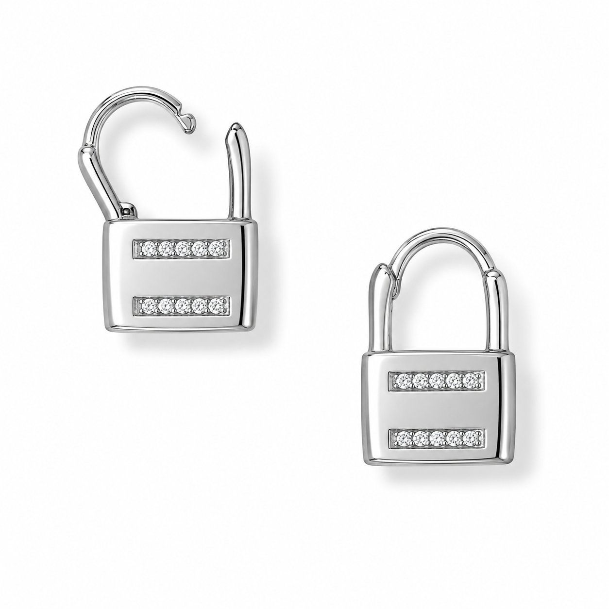 CZ Lock Huggie Earrings Rhodium Plated 925 Sterling Silver 15.7x10mm