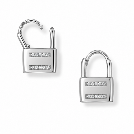 CZ Lock Huggie Earrings Rhodium Plated 925 Sterling Silver 15.7x10mm