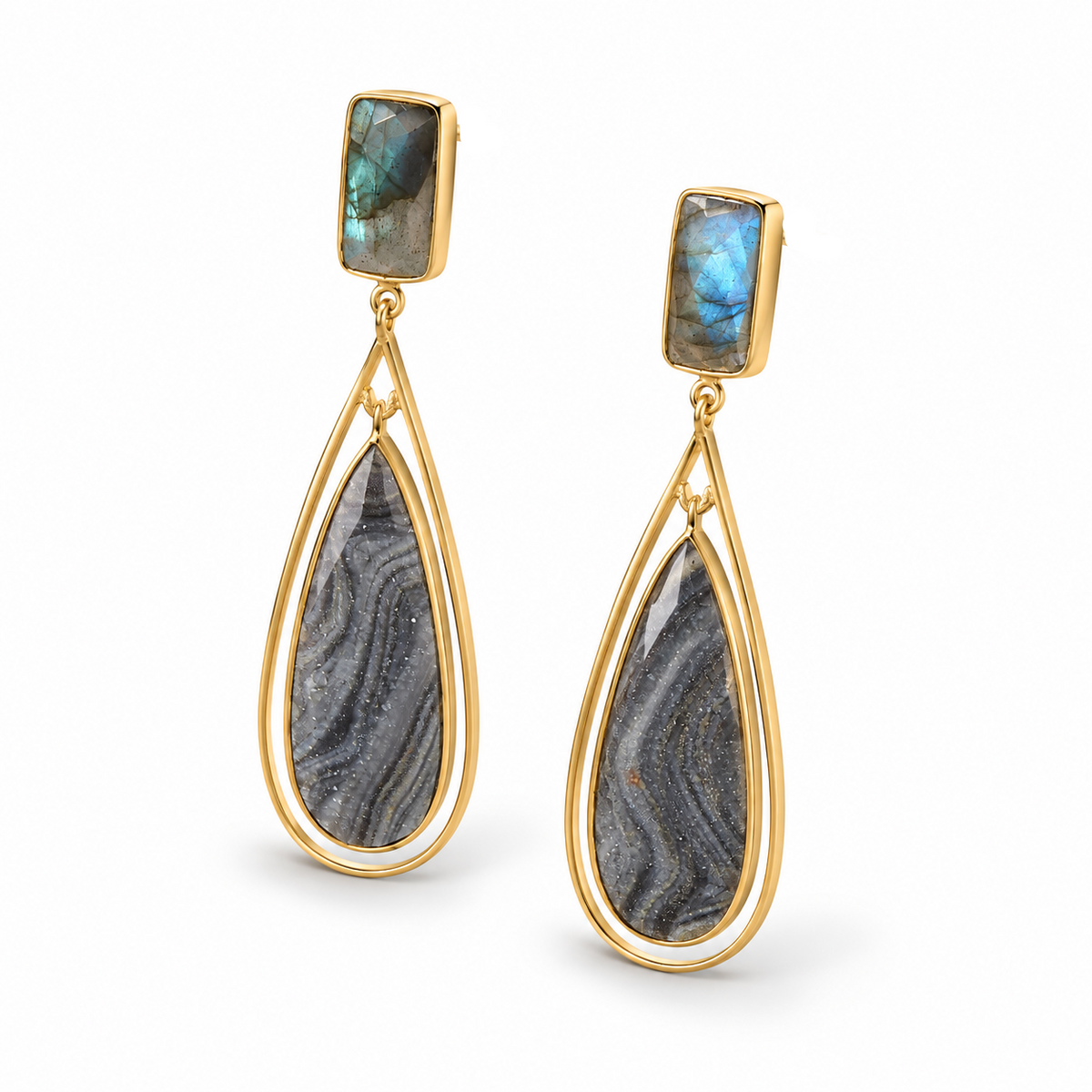 Labradorite & Desert Druzy Drop Earrings 14K Gold Plated 925 Sterling Silver 66mm