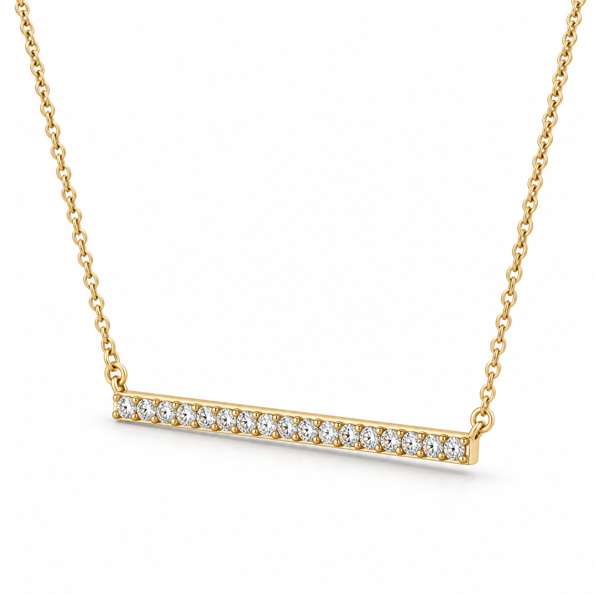 CZ Bar Necklace 14K Gold Plated 925 Sterling Silver 2x30mm Spring Ring 16+2in