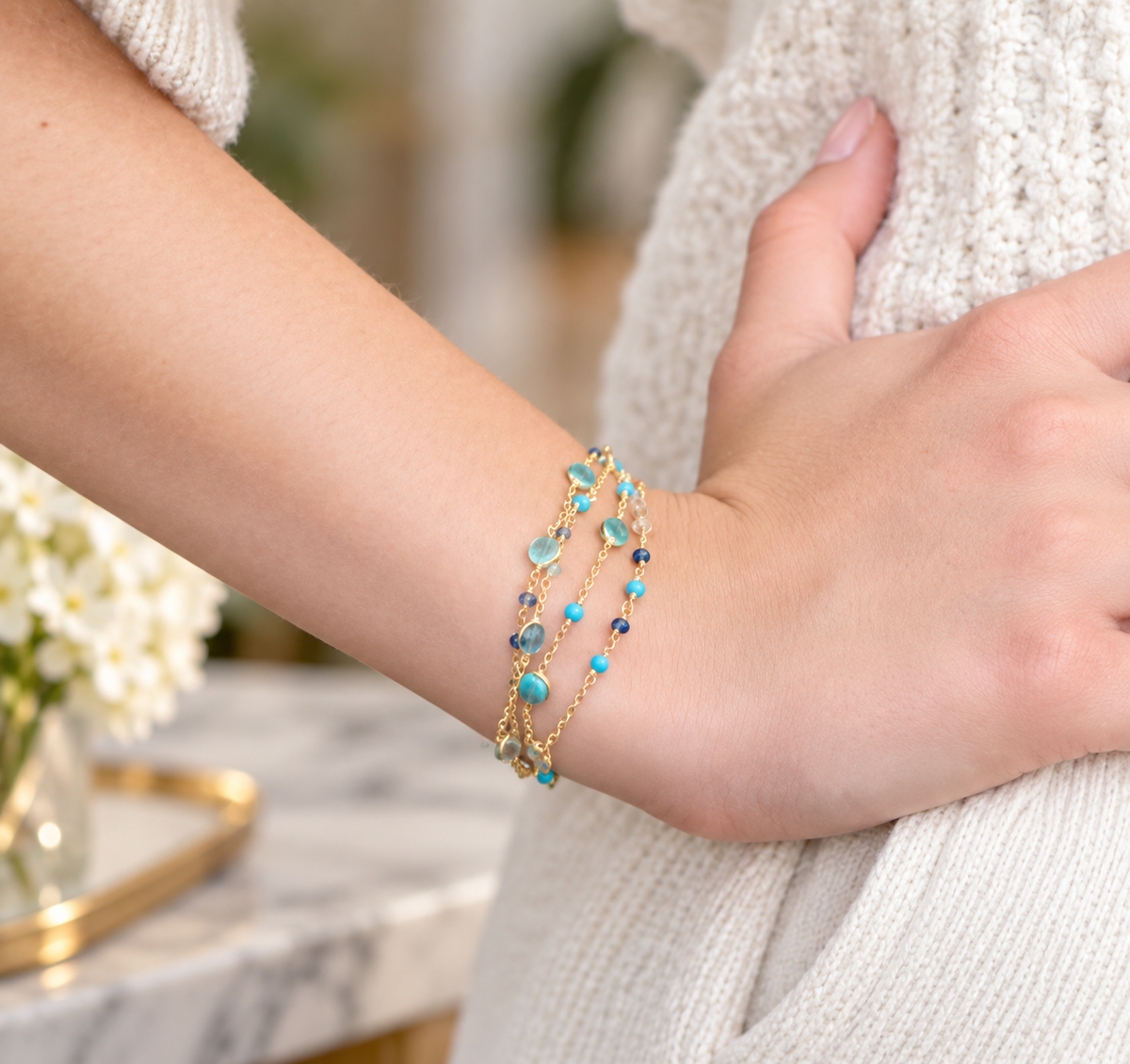 Blue Multi Gemstone Bracelet 14K Gold Plated 925 Silver Turquoise Iolite 7+1